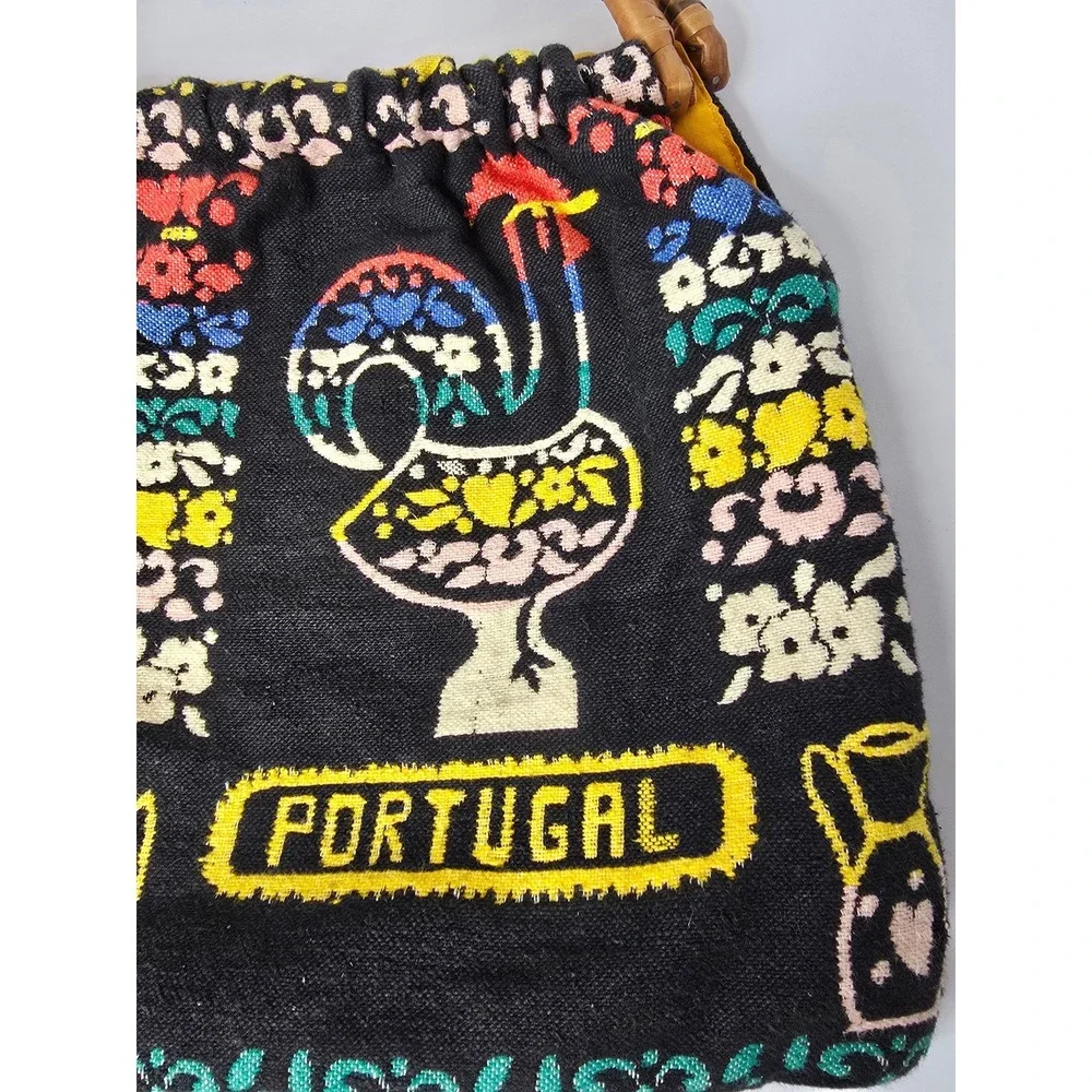 VINTAGE PORTUGAL HANDBAG WITH ROOSTERS, VASES & FLOWERS PATTERN